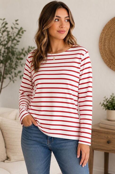 Old Navy Tops - Old Navy Women’s Large Red White Striped Long Sleeve Boat Neck Top